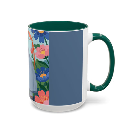 The Lady And The Mysterious Bird Colorful Mugs – Art Deco Botanical Mystery