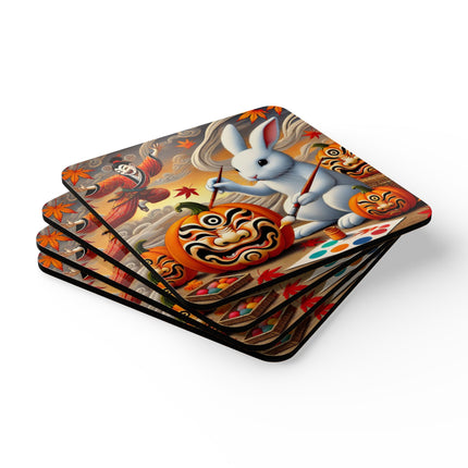 Halloween Rabbit’s Kabuki Jack-o’-Lanterns Corkwood Coaster Set