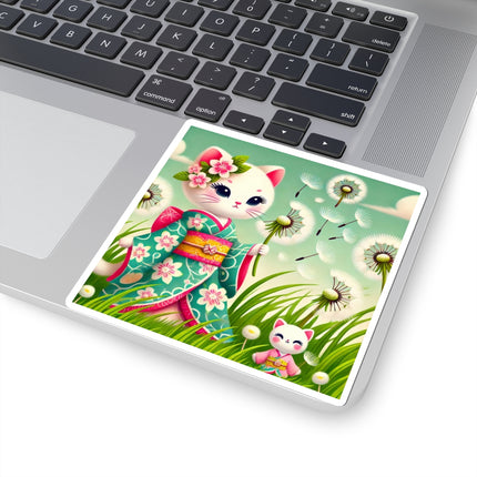 🌾🌼 Geisha Kitten and the Dandelion Wish Kiss-Cut Sticker – Gentle Wishes & Quiet Wonder