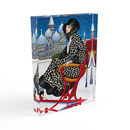 Elegant Winter Woman in Sleigh Acrylic Art Block