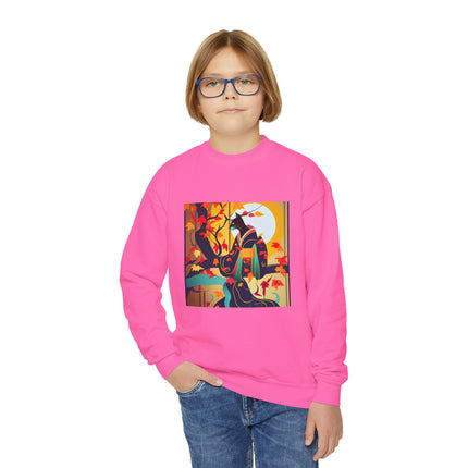 Black Cat in Kimono Youth Crewneck Sweatshirt