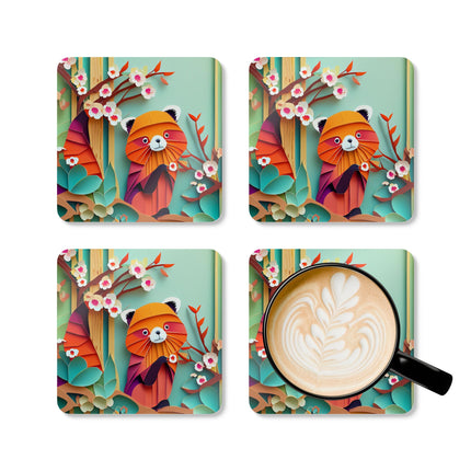 A Playful Red Panda Corkwood Coaster Set
