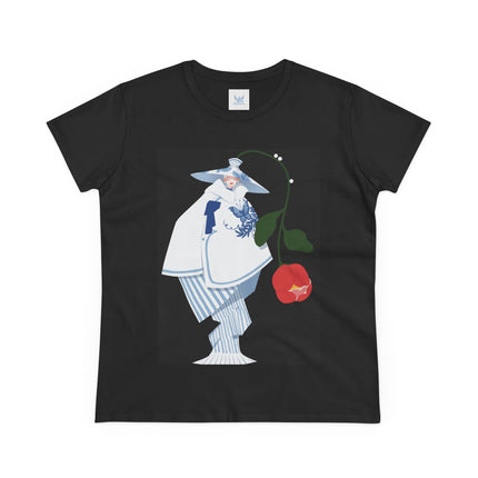 Blue & White Porcelain Geisha Women's Midweight Cotton Tee – Refined Elegance & Timeless Charm