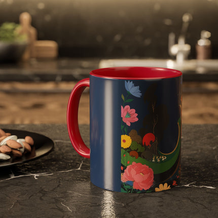 The Lady And The Crimson Moonbird Colorful Mugs – Art Deco Whimsical Garden Elegance