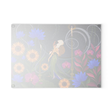 🌻🌙 The Midnight Sunflower Garden Glass Cutting Board – Art Deco Floral Fantasy