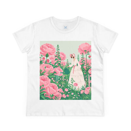 🌸💧 The Rose Garden Watering Cotton Tee – Art Deco Floral Whimsy