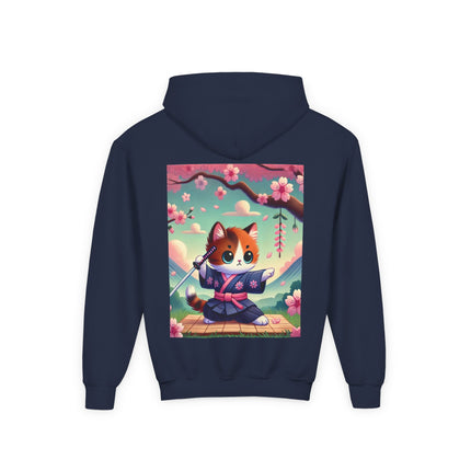 Samurai Kitten Youth Hooded Sweatshirt – Strength, Balance & Playful Courage