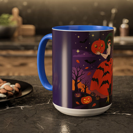 🎃🌕 The Pumpkin Moon Enchantress Colorful Mug – Elegant Halloween Masquerade