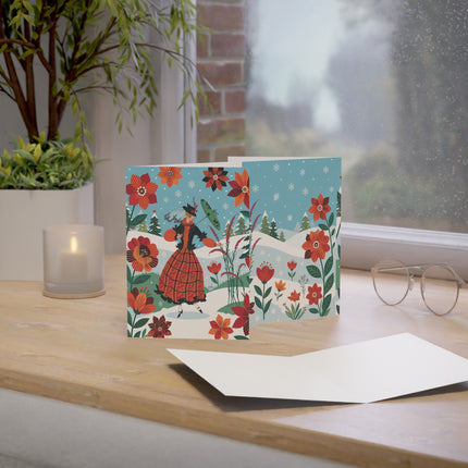 🌺❄️ The Lady Of The Scarlet Winter Garden Greeting Card – Art Deco Holiday Fantasy