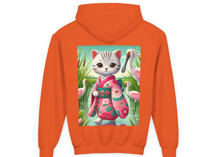 Geisha Kitten Strolls Among the Spoonbills Youth Heavy Blend Hooded Sweatshirt