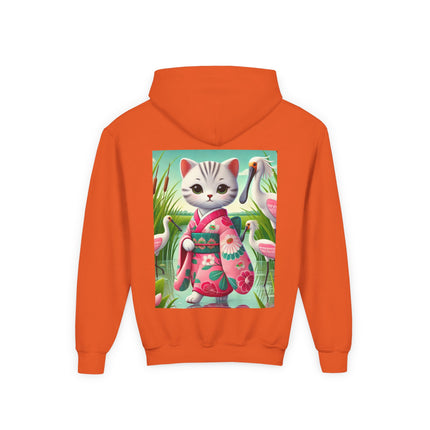 Geisha Kitten Strolls Among the Spoonbills Youth Hooded Sweatshirt – Graceful Nature & Whimsical Charm