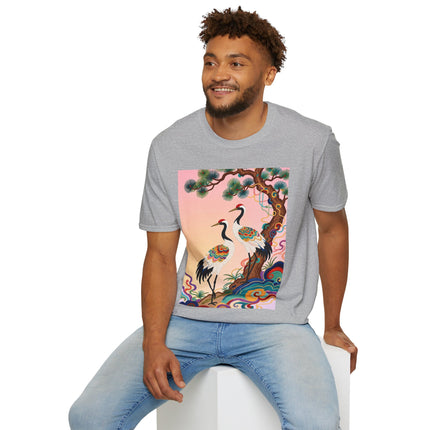 🐦🌸 The Enchanted Crane Garden Softstyle T-Shirt – Oriental Elegance & Colorful Harmony