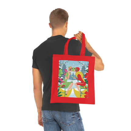 🎄☕ Christmas Tea In The Snow Garden Cotton Tote Bag – Art Deco Holiday Friendship