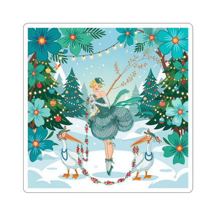 🦩🎄 The Lady Of The Christmas Garland Birds Kiss-Cut Sticker – Whimsical Art Deco Holiday Fantasy