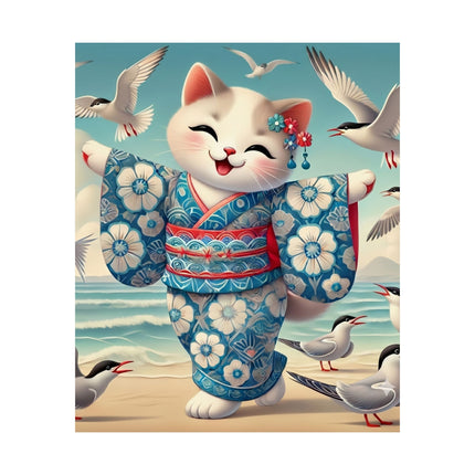 🌊🐱 Geisha Kitten by the Seaside Matte Vertical Poster – Coastal Charm & Ocean Breeze