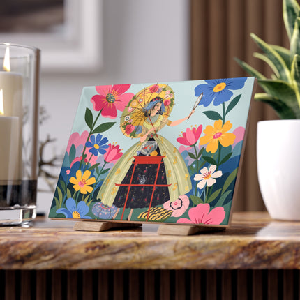 🌸🪞 The Floral Parasol Reflection Ceramic Tile – Art Deco Garden Fantasy