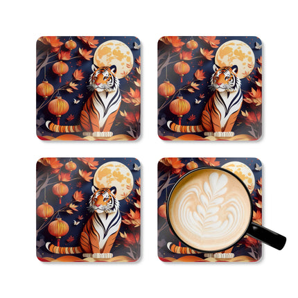 Tiger at an Autumn Moon Viewing Corkwood Coaster Set