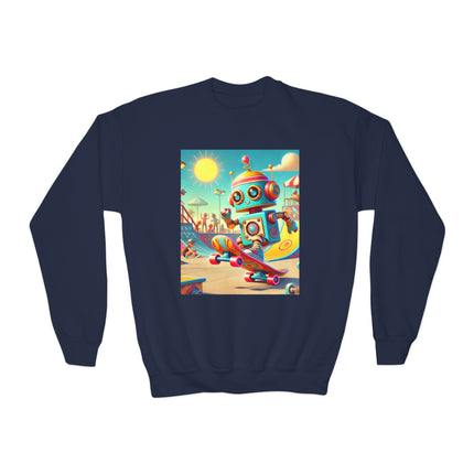 Skate Park Robot Youth Crewneck Sweatshirt – Energy, Motion & Retro-Futuristic Fun