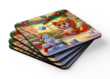 Naughty or Nice Kitten Christmas Corkwood Coaster Set