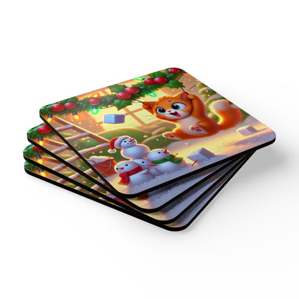 Naughty or Nice Kitten Christmas Corkwood Coaster Set