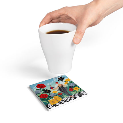 🌹🎭 The Lady Of The Little Dancer Ceramic Coaster – Art Deco Floral Fantasy