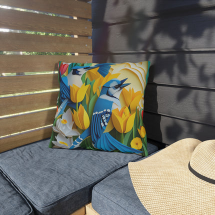Blue Jays in a Spring Garden Outdoor Pillows