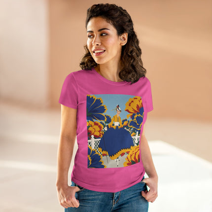 💙🌼 The Golden Petal Promenade Cotton Tee – Art Deco Floral Elegance