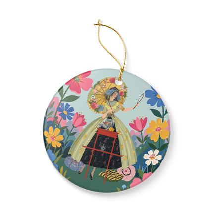 🌸🪞 The Floral Parasol Reflection Ceramic Ornament – Art Deco Garden Fantasy