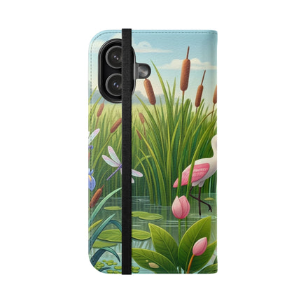 🦩🌸 Geisha Kitten Strolls Among the Spoonbills Flip Case – Serene Grace & Marshland Wonder