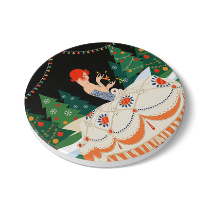 🎄✨ The Christmas Candlelight Belle Ceramic Coaster – Art Deco Holiday Fantasy