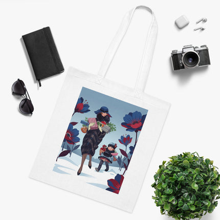 🎁🌺 The Christmas Gift Garden Stroll Cotton Tote Bag – Art Deco Holiday Elegance