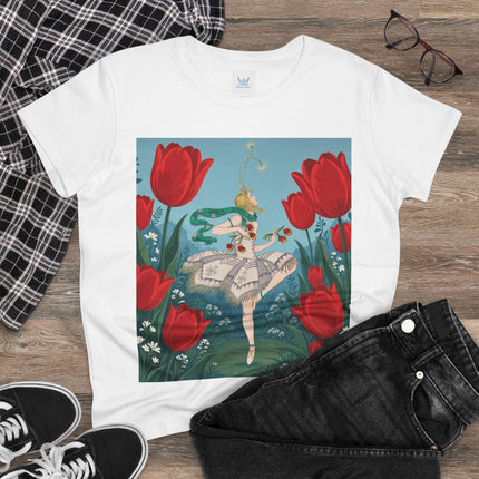 🌷🩰 The Scarlet Tulip Ballet Cotton Tee – Art Deco Floral Whimsy
