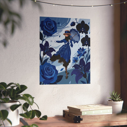 ☔💙 The Lady Of The Blue Rain Matte Vertical Poster – Art Deco Floral Whimsy