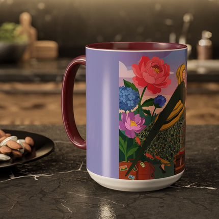 The Lady And The Crimson Birdcage Colorful Mugs – Art Deco Tropical Garden Elegance