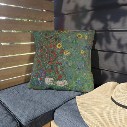 Farm Garden with Sunflowers by Gustav Klimt Outdoor Pillows