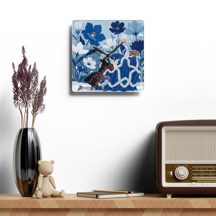 💙❄️ The Lady Of The Winter Blue Garden Acrylic Wall Clock – Art Deco Fashion Elegance