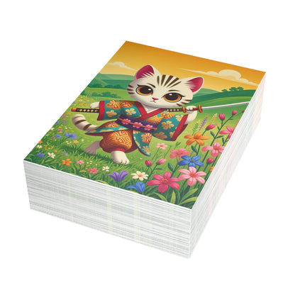 🐱🌼 The Wildflower Samurai Kitten Greeting Card – Whimsical Warrior Adventure