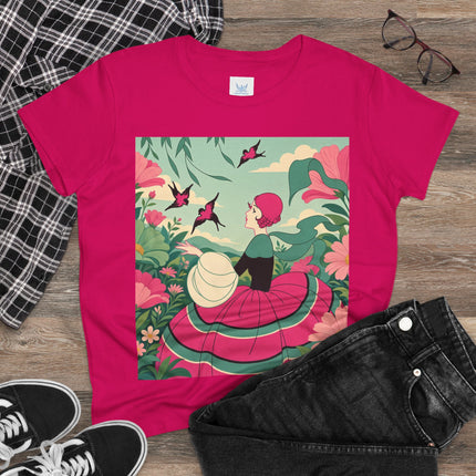 🐦🌺 The Garden Of Flying Birds Cotton Tee – Art Deco Floral Whimsy