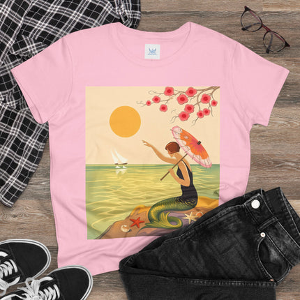 🧜‍♀️🌸 The Mermaid Beneath The Blossoms Cotton Tee – Art Deco Seaside Fantasy