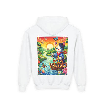 Sailor Kitten’s River Adventure Youth Hooded Sweatshirt – Playful Journey & Colorful Discovery