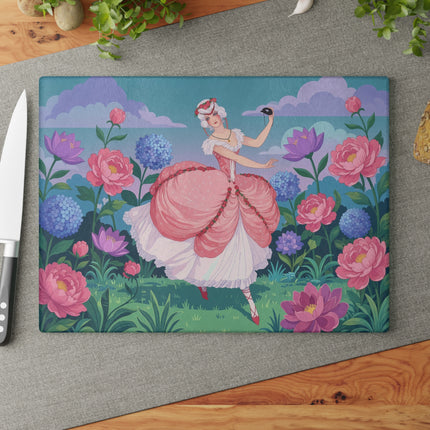 🌸🎭 The Rose Garden Masquerade Glass Cutting Board – Art Deco Floral Elegance