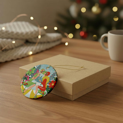 ☕🎄 Christmas Tea In The Snow Garden Ceramic Ornament – Art Deco Holiday Friendship