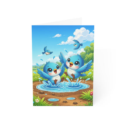 🐦💦 The Little Bluebird Puddle Party Greeting Card – Whimsical Animal Adventure