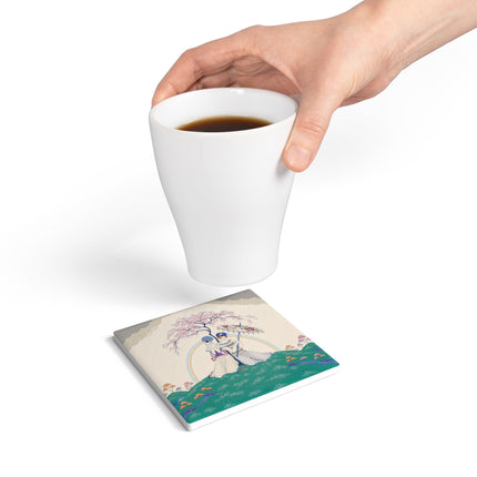 🌈☂️ Beneath The Rainbow Tree Ceramic Coaster – Art Deco Spring Fantasy