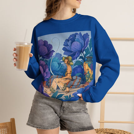 💙🌸 The Lady Among The Blue Blossoms Crewneck Sweatshirt – Art Deco Floral Reverie