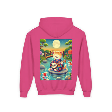 Melodic Kitten by the Koi Pond Youth Hooded Sweatshirt – Peaceful Harmony & Playful Music