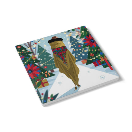 🎄🌺 The Lady Of The Christmas Shawl Ceramic Coaster – Art Deco Holiday Elegance