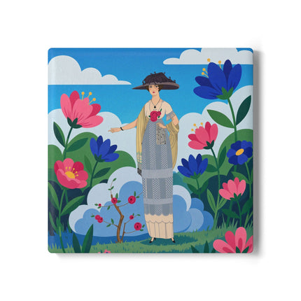 🌸🎩 The Lady Of The Grand Flower Garden Ceramic Coaster – Art Deco Fashion Illustration