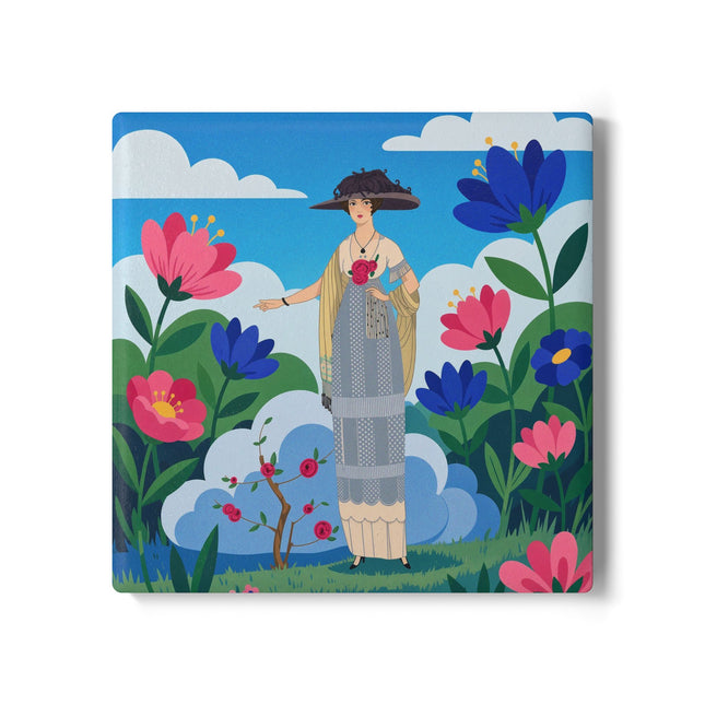 🌸🎩 The Lady Of The Grand Flower Garden Ceramic Coaster – Art Deco Fashion Illustration
