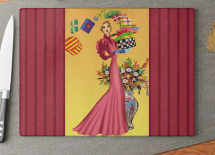 Elegant Holiday Woman with Gifts Glass Cutting Board